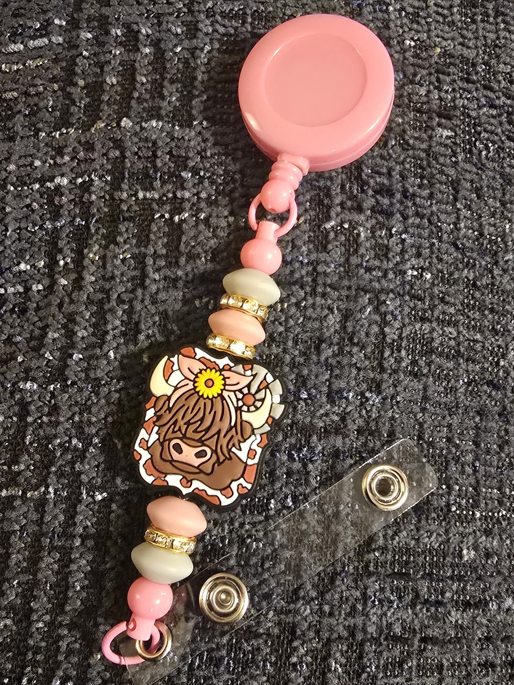 Pink Badge Reel with Decorative Beads and Cow Charm